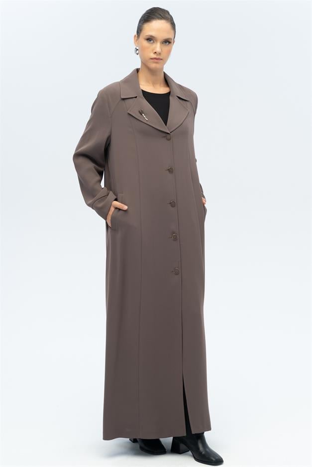 Ceket Yaka Broş Detaylı Astarlı Büyük Beden Pardesü VİZON 6691-A