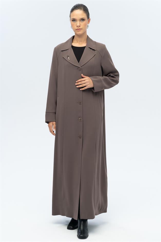 Ceket Yaka Broş Detaylı Astarlı Büyük Beden Pardesü VİZON 6691-A