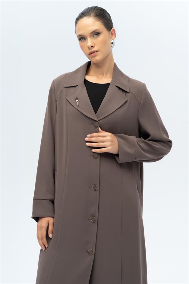 Ceket Yaka Broş Detaylı Astarlı Büyük Beden Pardesü VİZON 6691-A
