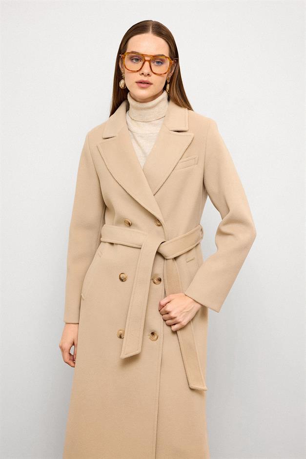 معطف متوسط الطول ذو ياقة جاكيت وصديرية مزدوجة يفعل 3094