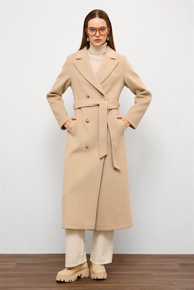 معطف متوسط الطول ذو ياقة جاكيت وصديرية مزدوجة يفعل 3094