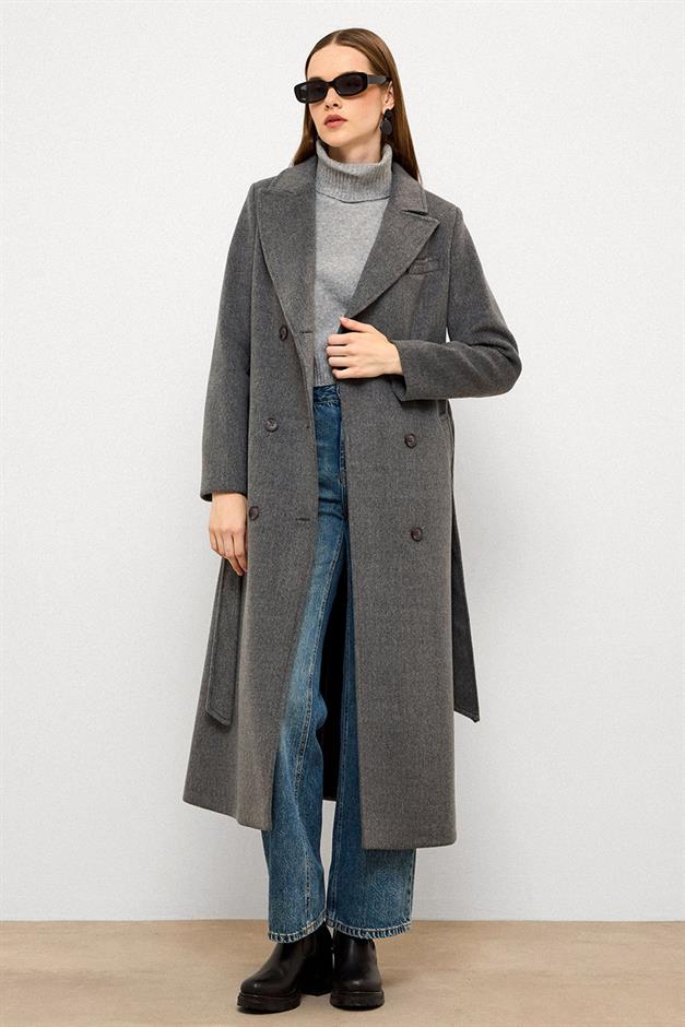 معطف متوسط الطول ذو ياقة جاكيت وصديرية مزدوجة رمادي 3094