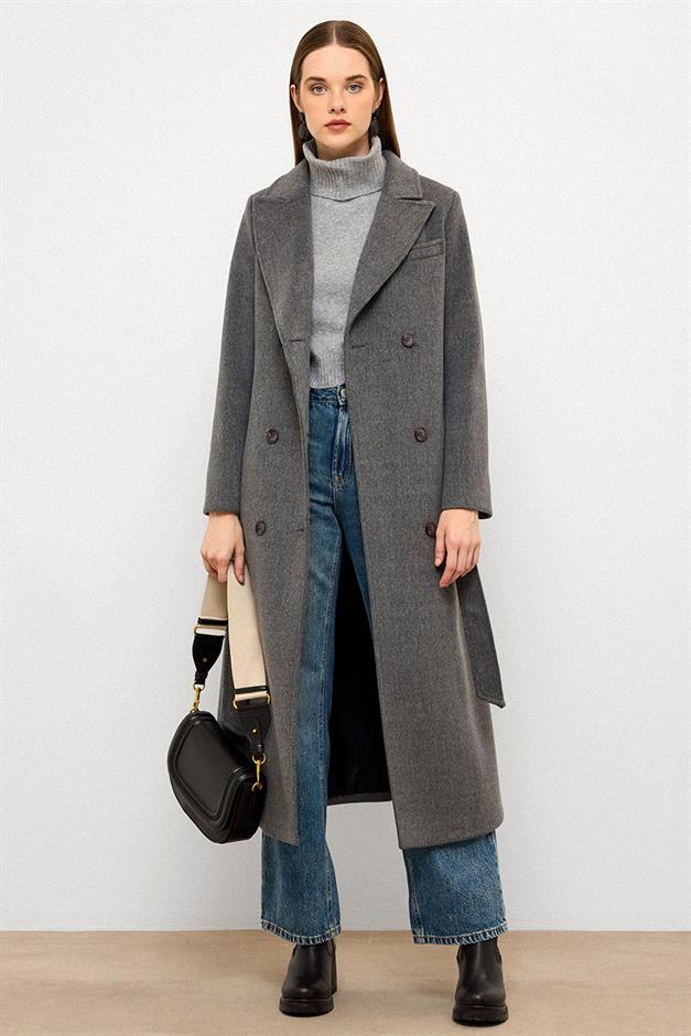 معطف متوسط الطول ذو ياقة جاكيت وصديرية مزدوجة رمادي 3094