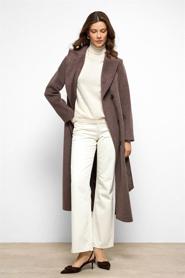 معطف متوسط الطول ذو ياقة جاكيت وصديرية مزدوجة لاتيه 3094