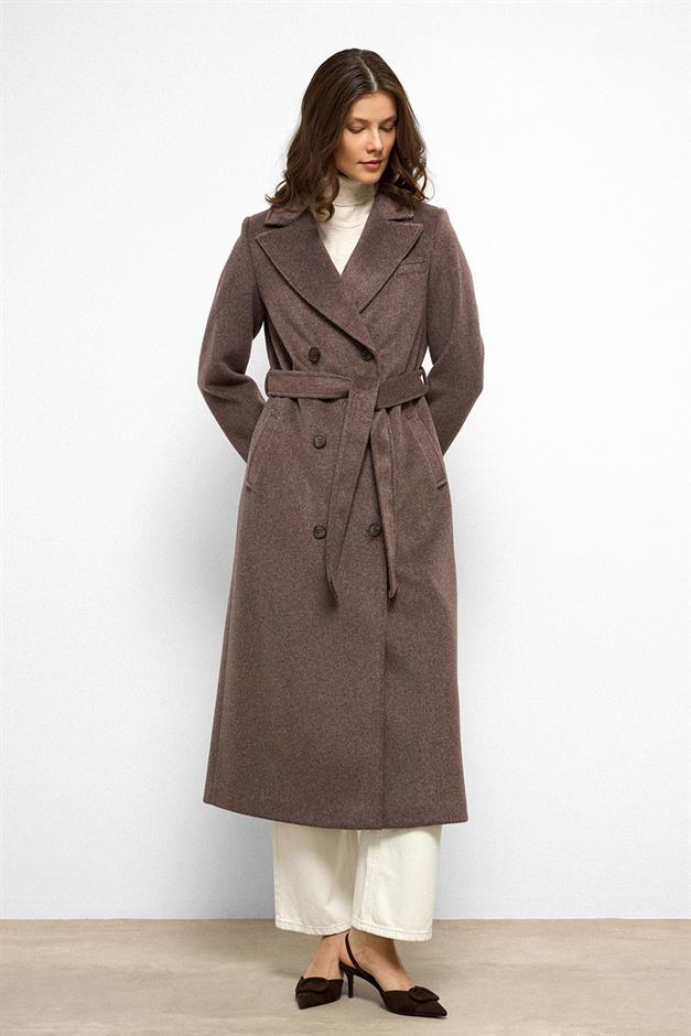 معطف متوسط الطول ذو ياقة جاكيت وصديرية مزدوجة لاتيه 3094