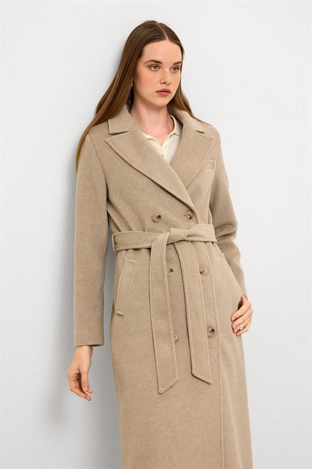 معطف متوسط الطول ذو ياقة جاكيت وصديرية مزدوجة مزيج الحجارة 3094