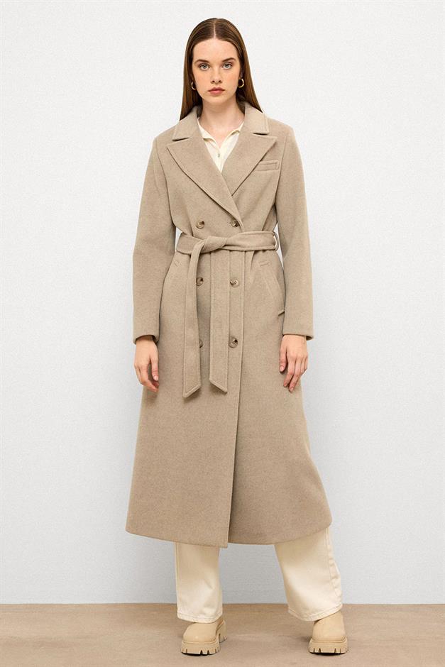 معطف متوسط الطول ذو ياقة جاكيت وصديرية مزدوجة مزيج الحجارة 3094