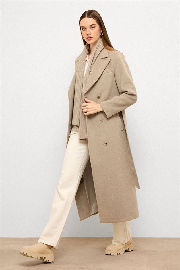 معطف متوسط الطول ذو ياقة جاكيت وصديرية مزدوجة مزيج الحجارة 3094