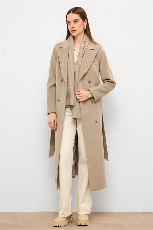 معطف متوسط الطول ذو ياقة جاكيت وصديرية مزدوجة مزيج الحجارة 3094