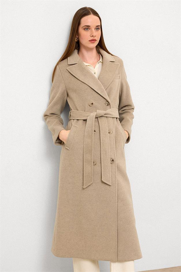 معطف متوسط الطول ذو ياقة جاكيت وصديرية مزدوجة مزيج الحجارة 3094