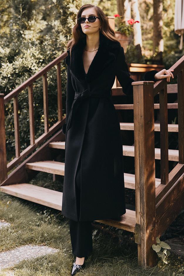 معطف طويل مبطن بالفرو مع ياقة وأكمام قابلة للفصل أسود 3088