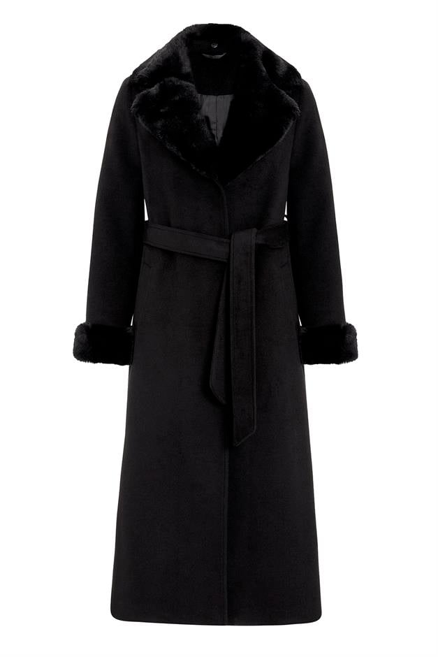 معطف طويل مبطن بالفرو مع ياقة وأكمام قابلة للفصل أسود 3088