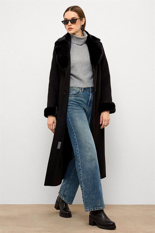 معطف طويل مبطن بالفرو مع ياقة وأكمام قابلة للفصل أسود 3088