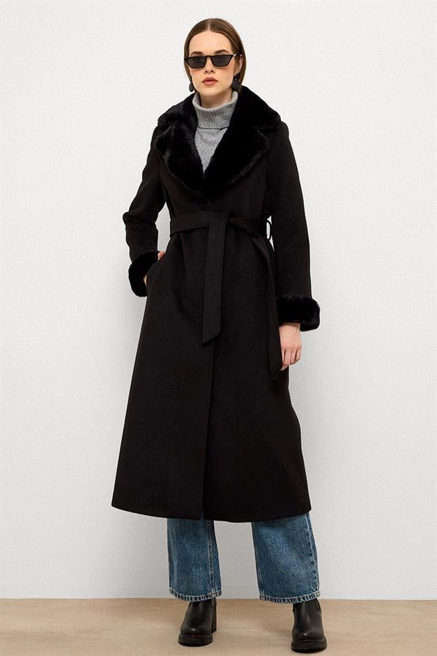 معطف طويل مبطن بالفرو مع ياقة وأكمام قابلة للفصل أسود 3088