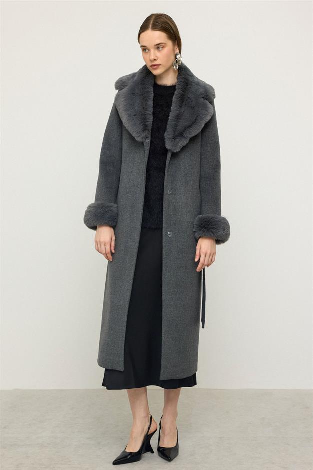 معطف طويل مبطن بالفرو مع ياقة وأكمام قابلة للفصل رمادي غامق 3088