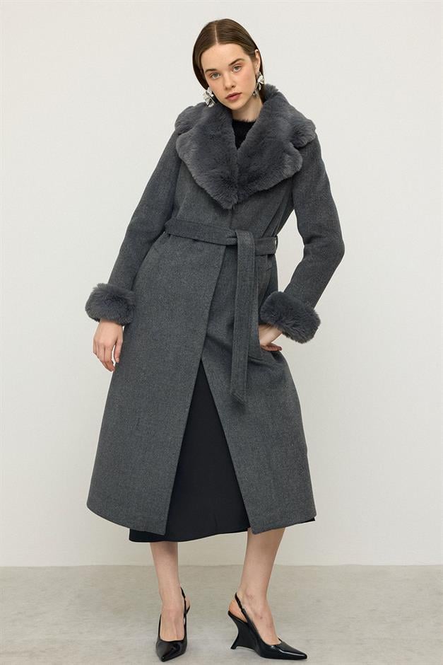 معطف طويل مبطن بالفرو مع ياقة وأكمام قابلة للفصل رمادي غامق 3088