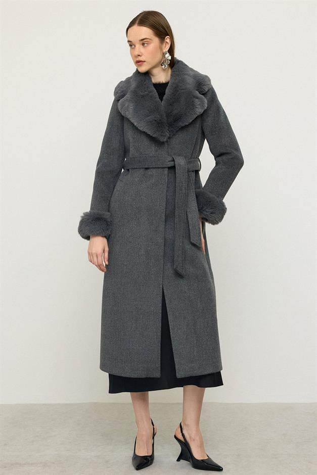 معطف طويل مبطن بالفرو مع ياقة وأكمام قابلة للفصل رمادي غامق 3088