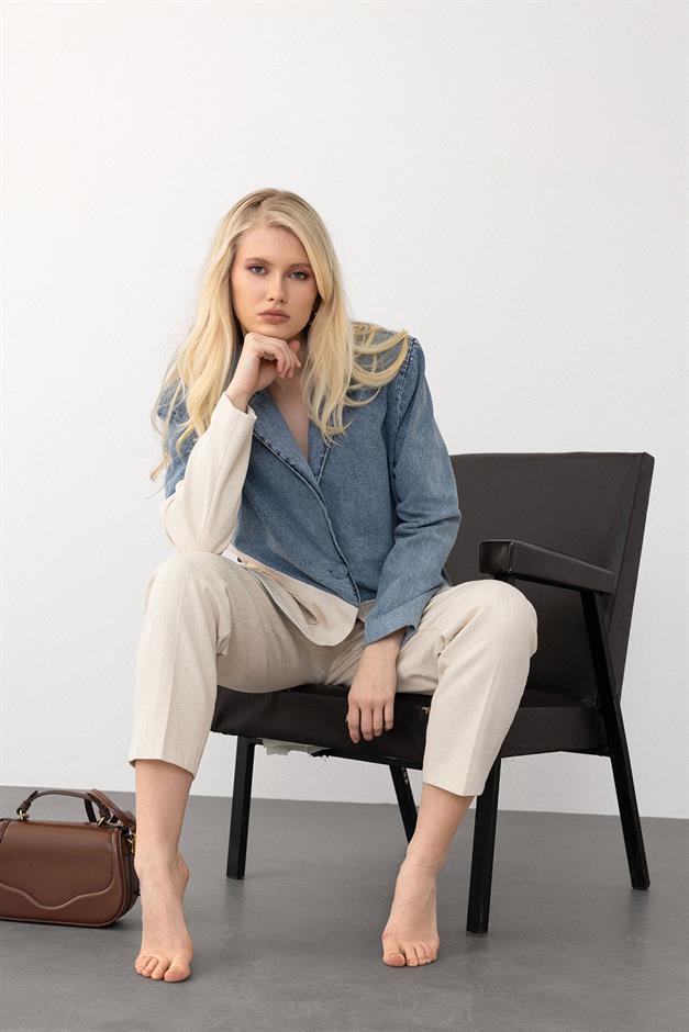 Denim Jacket and Trouser Suit BLUE-BEIGE 9269-TK