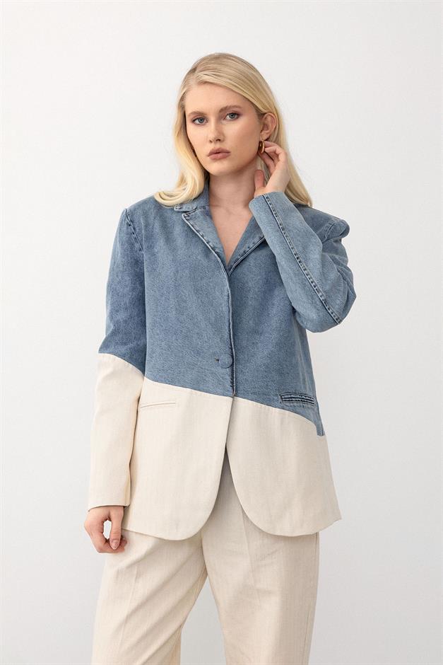 Denim Jacket and Trouser Suit BLUE-BEIGE 9269-TK