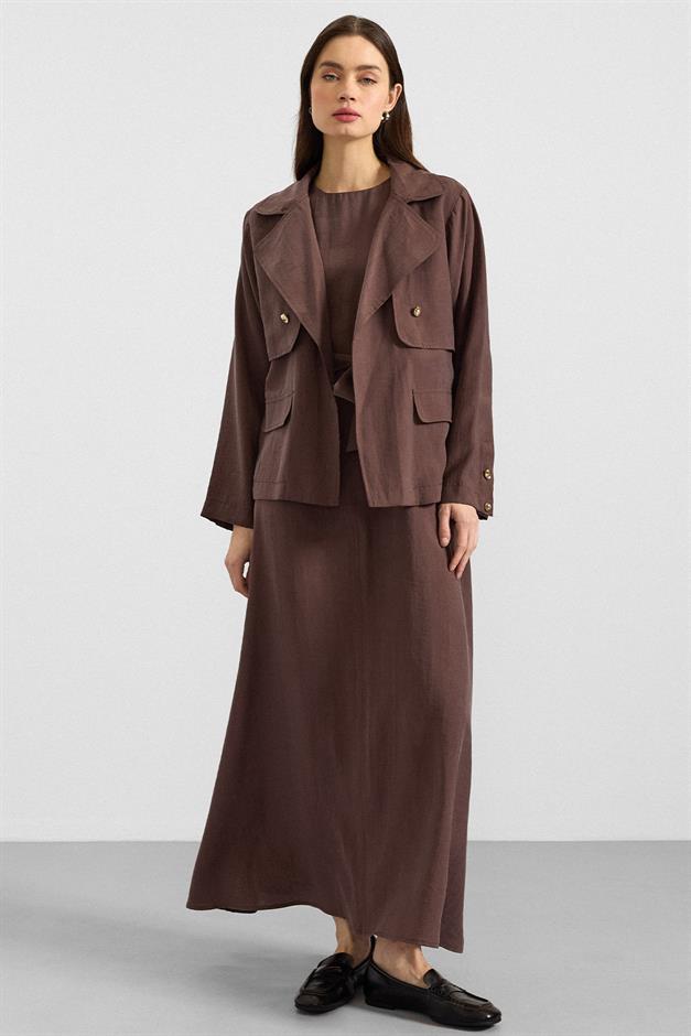 Ceketi Metal Aksesuarlı Soft Kumaş Elbise Ceket İkili Takım KAHVE 9391-TK
