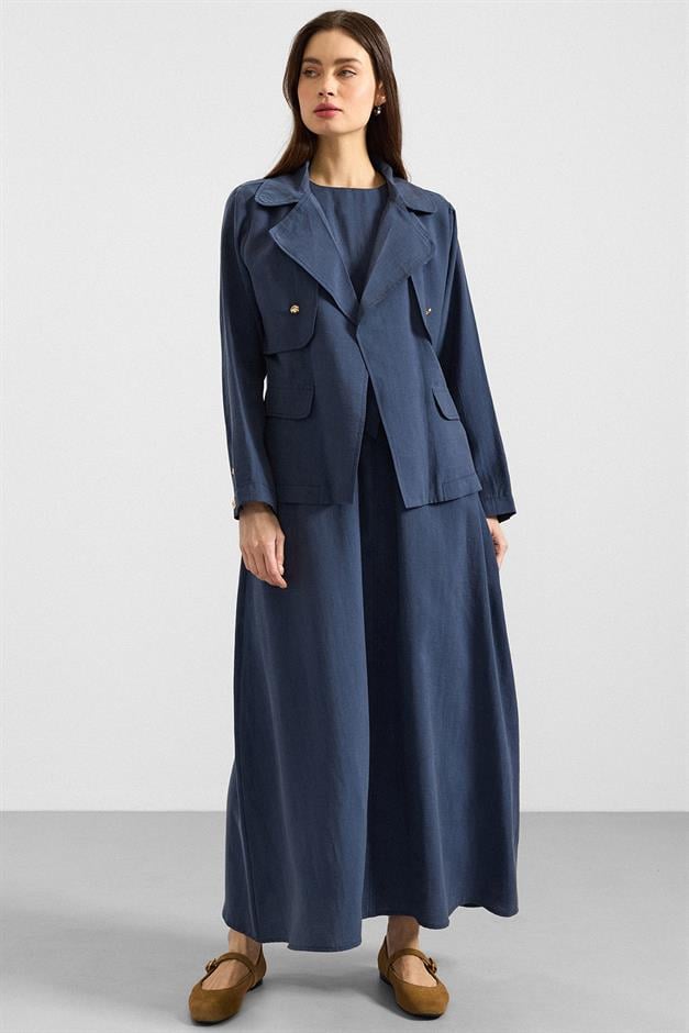 Ceketi Metal Aksesuarlı Soft Kumaş Elbise Ceket İkili Takım İNDİGO 9391-TK