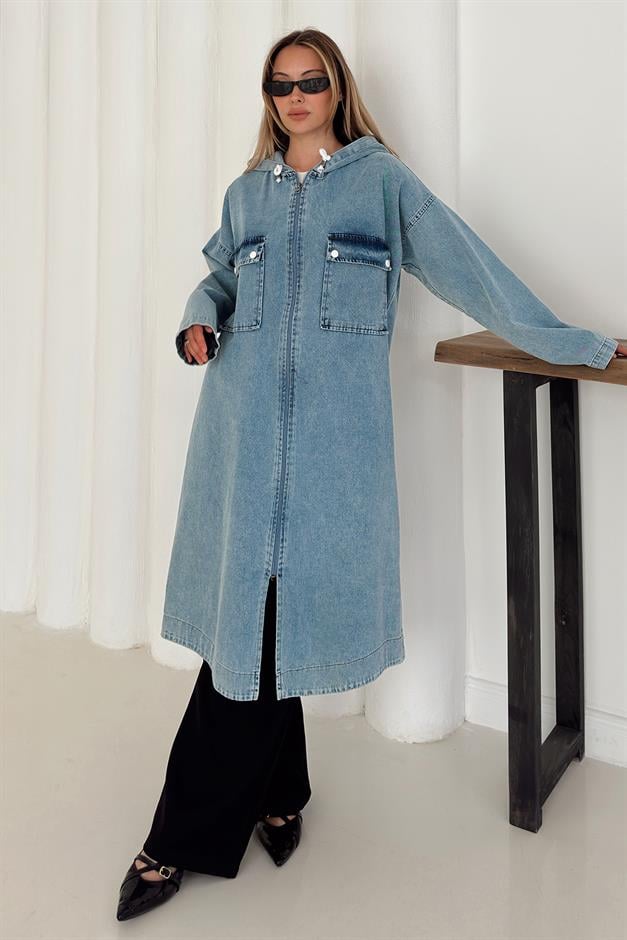 Pocket Detailed Hooded Casual Denim Coat BLUE 6771