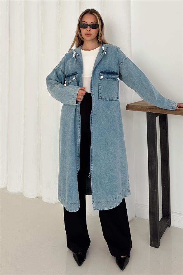 Pocket Detailed Hooded Casual Denim Coat BLUE 6771