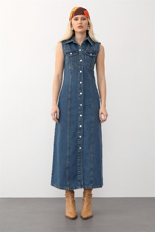 Sleeveless Denim Dress with Pocket Detail DARK BLUE 9274-E