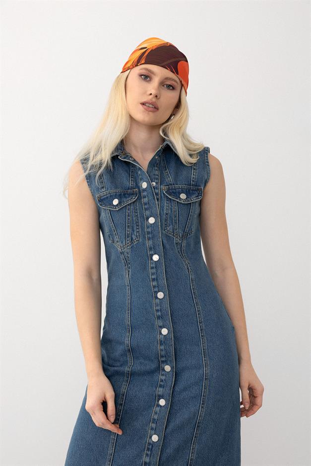 Sleeveless Denim Dress with Pocket Detail DARK BLUE 9274-E