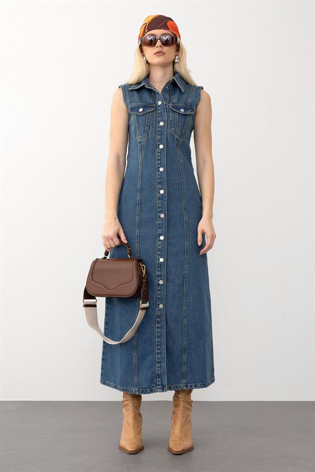 Sleeveless Denim Dress with Pocket Detail DARK BLUE 9274-E