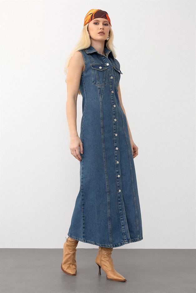 Sleeveless Denim Dress with Pocket Detail DARK BLUE 9274-E