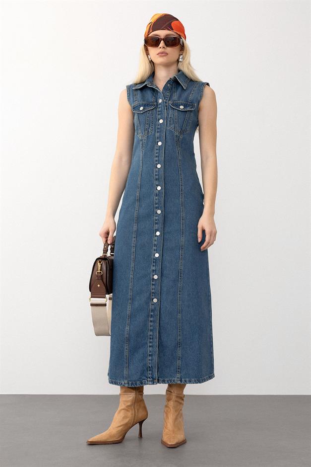 Sleeveless Denim Dress with Pocket Detail DARK BLUE 9274-E