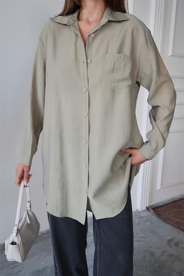 Relaxed Cut Lyocell Shirt with Pocket Details LIGHT GREEN 9359