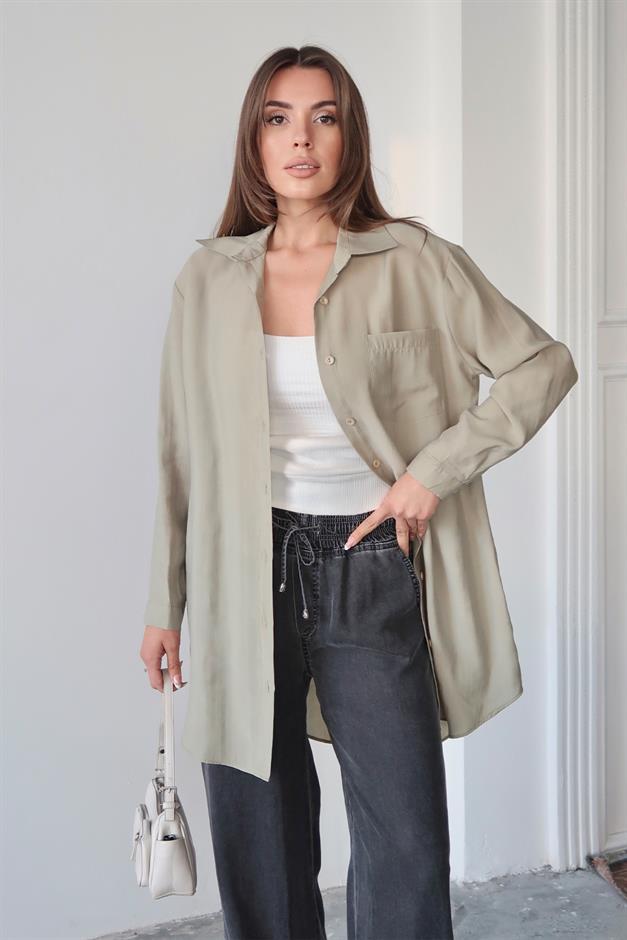 Relaxed Cut Lyocell Shirt with Pocket Details LIGHT GREEN 9359