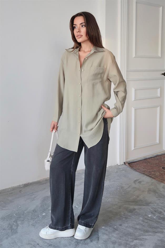 Relaxed Cut Lyocell Shirt with Pocket Details LIGHT GREEN 9359