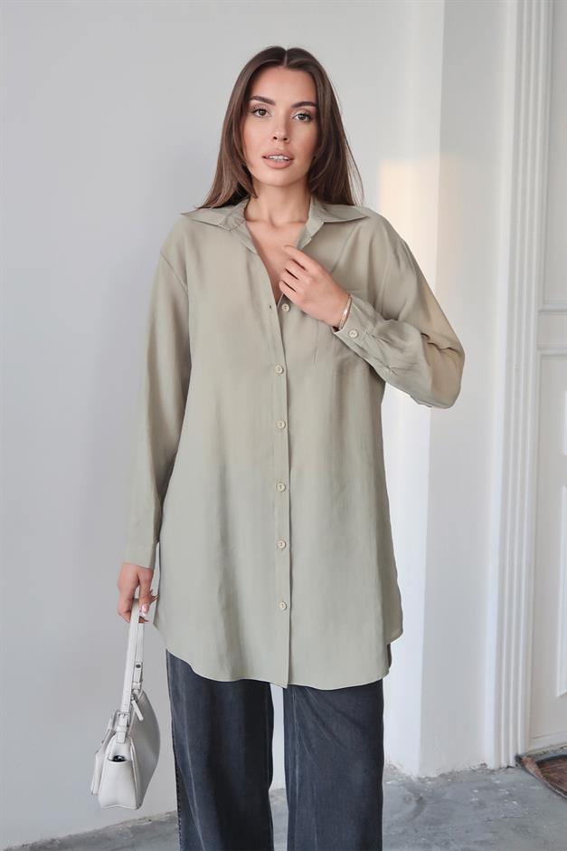 Relaxed Cut Lyocell Shirt with Pocket Details LIGHT GREEN 9359
