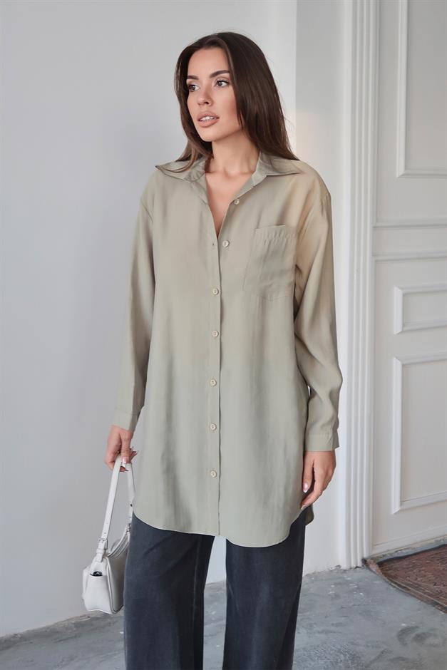 Relaxed Cut Lyocell Shirt with Pocket Details LIGHT GREEN 9359