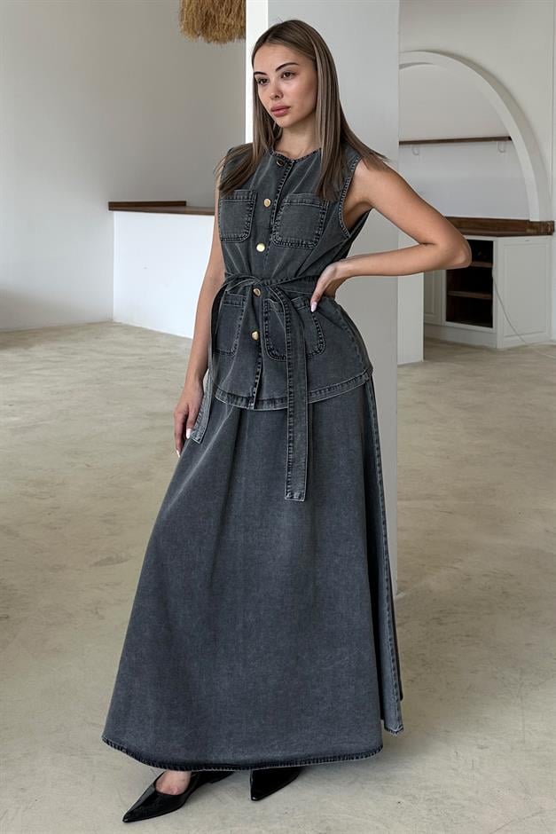 طقم تنورة جينز مع سترة بتفاصيل جيوب أنثراسايت 9377-TK