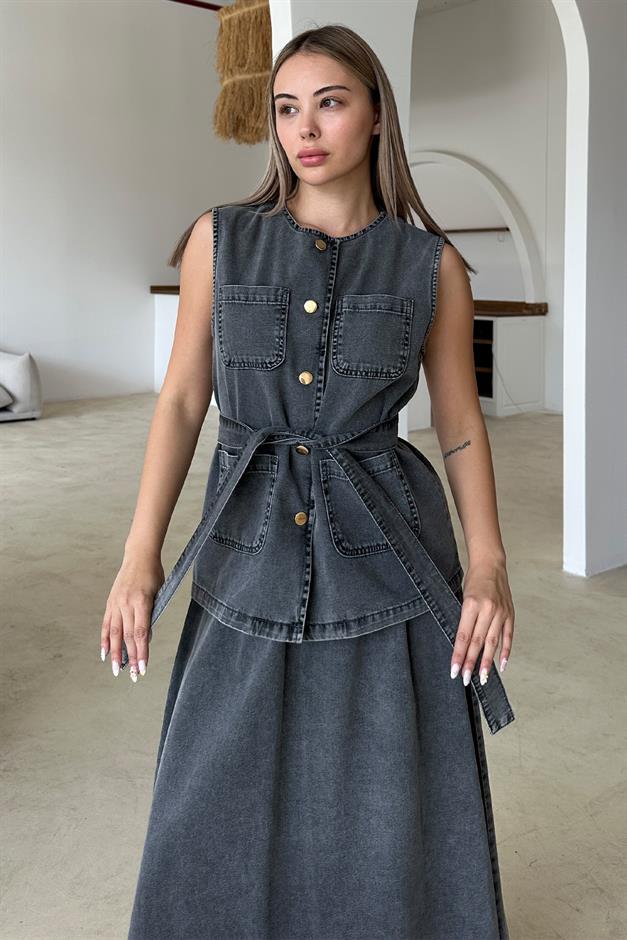 طقم تنورة جينز مع سترة بتفاصيل جيوب أنثراسايت 9377-TK