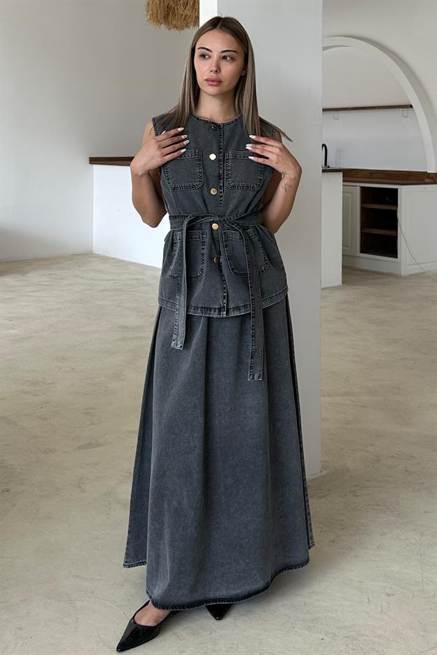 طقم تنورة جينز مع سترة بتفاصيل جيوب أنثراسايت 9377-TK