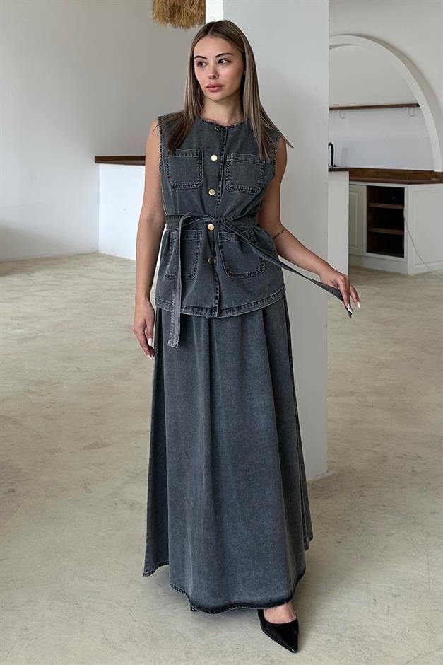 طقم تنورة جينز مع سترة بتفاصيل جيوب أنثراسايت 9377-TK