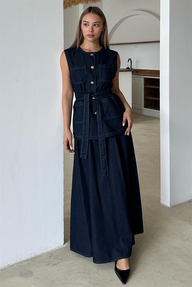 طقم تنورة جينز مع سترة بتفاصيل جيوب أزرق غامق 9377-TK