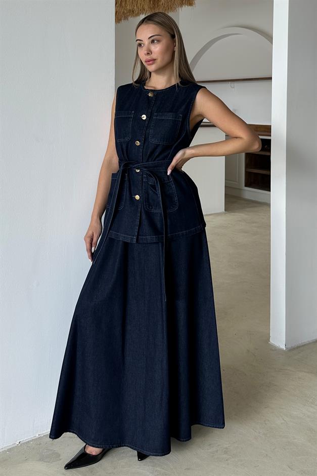 طقم تنورة جينز مع سترة بتفاصيل جيوب أزرق غامق 9377-TK