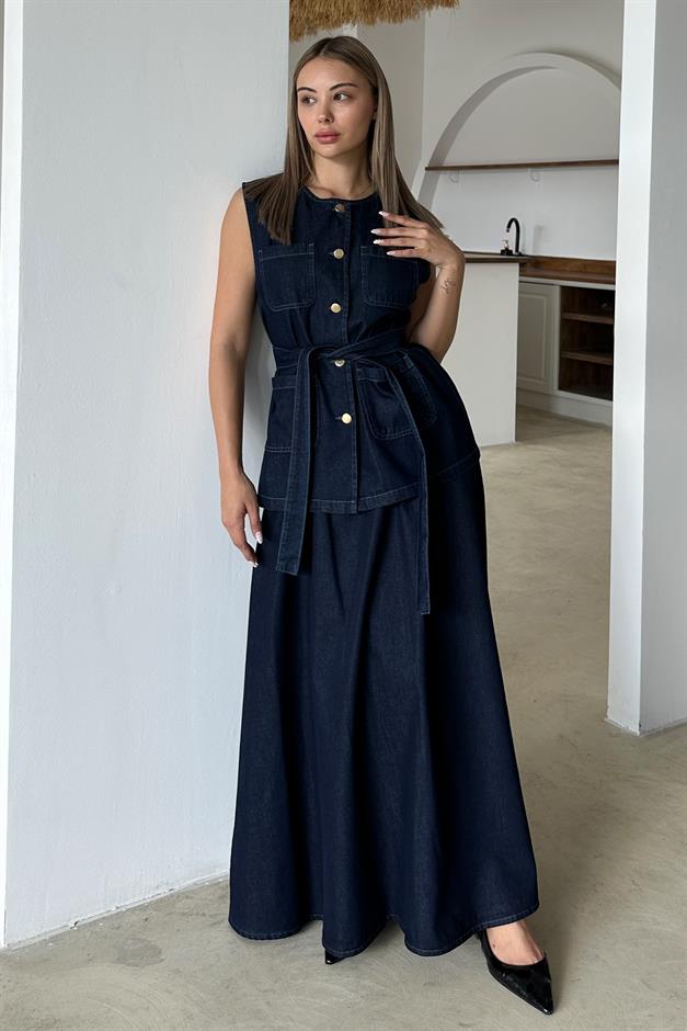 طقم تنورة جينز مع سترة بتفاصيل جيوب أزرق غامق 9377-TK