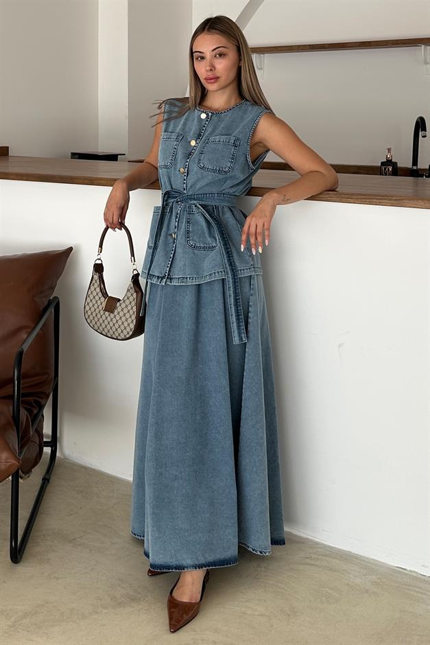 Pocket Detailed Vest Skirt Denim Set BLUE 9377-TK