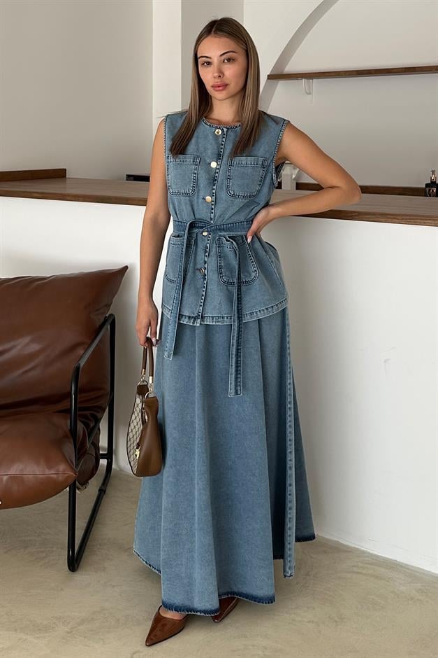 Pocket Detailed Vest Skirt Denim Set BLUE 9377-TK
