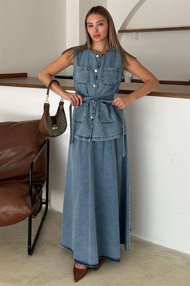 Pocket Detailed Vest Skirt Denim Set BLUE 9377-TK