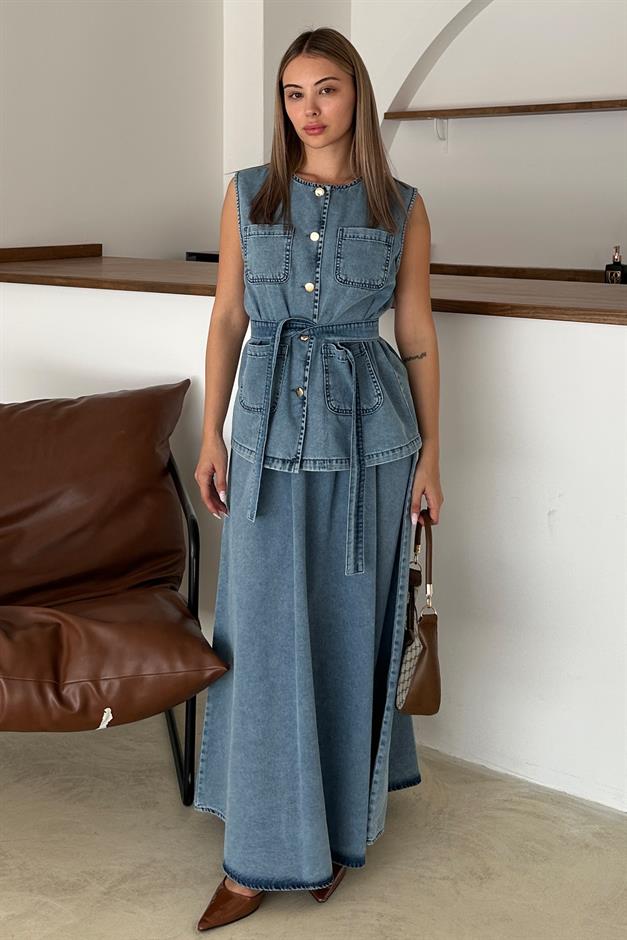 Pocket Detailed Vest Skirt Denim Set BLUE 9377-TK
