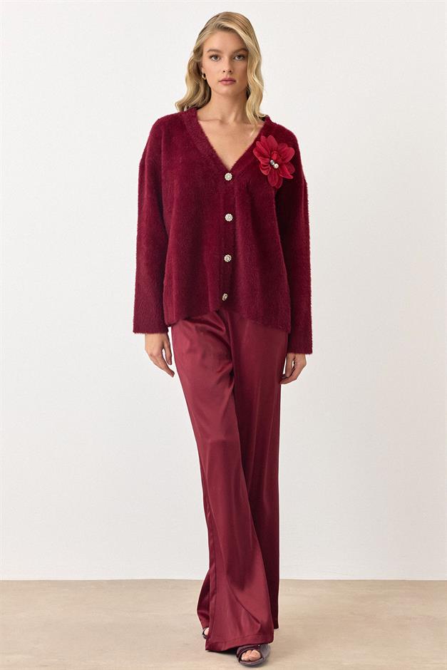 Soft Knit Cardigan with Floral Accessories CLARET RED 8268