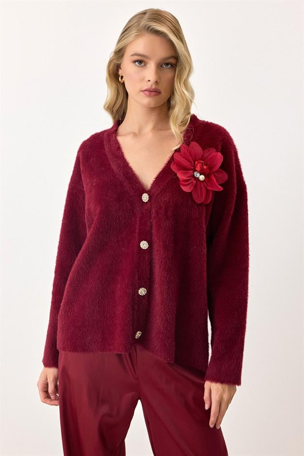 Soft Knit Cardigan with Floral Accessories CLARET RED 8268